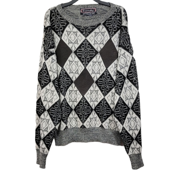 Vintage Argyle Patchwork Black White Long Sleeve Knit Pullover Men's Size Medium - Picture 1 of 8